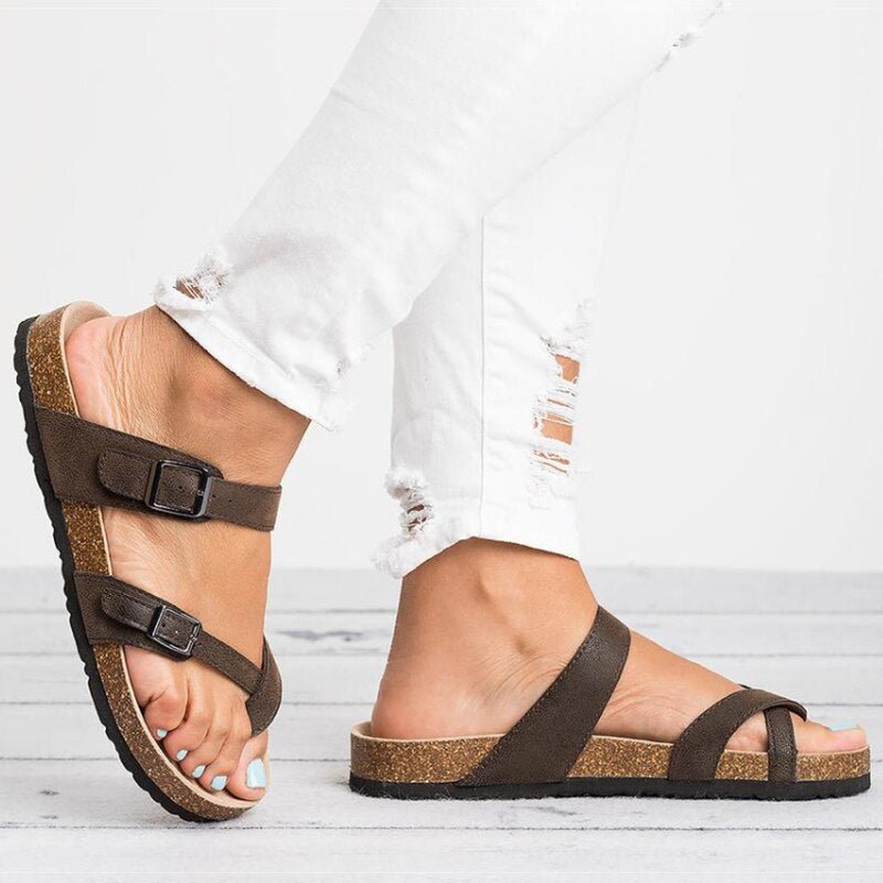 Damen Kork-Sandalen Zehensteg Schnallenverschluss Flache Sommersandalen