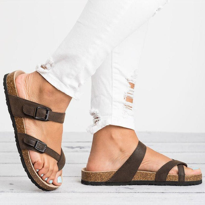Damen Kork-Sandalen Zehensteg Schnallenverschluss Flache Sommersandalen