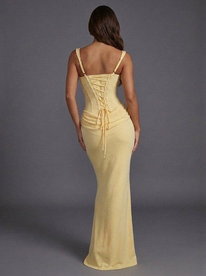 Damen Korsett Maxi-Abendkleid mit eckigem Ausschnitt und Raffung