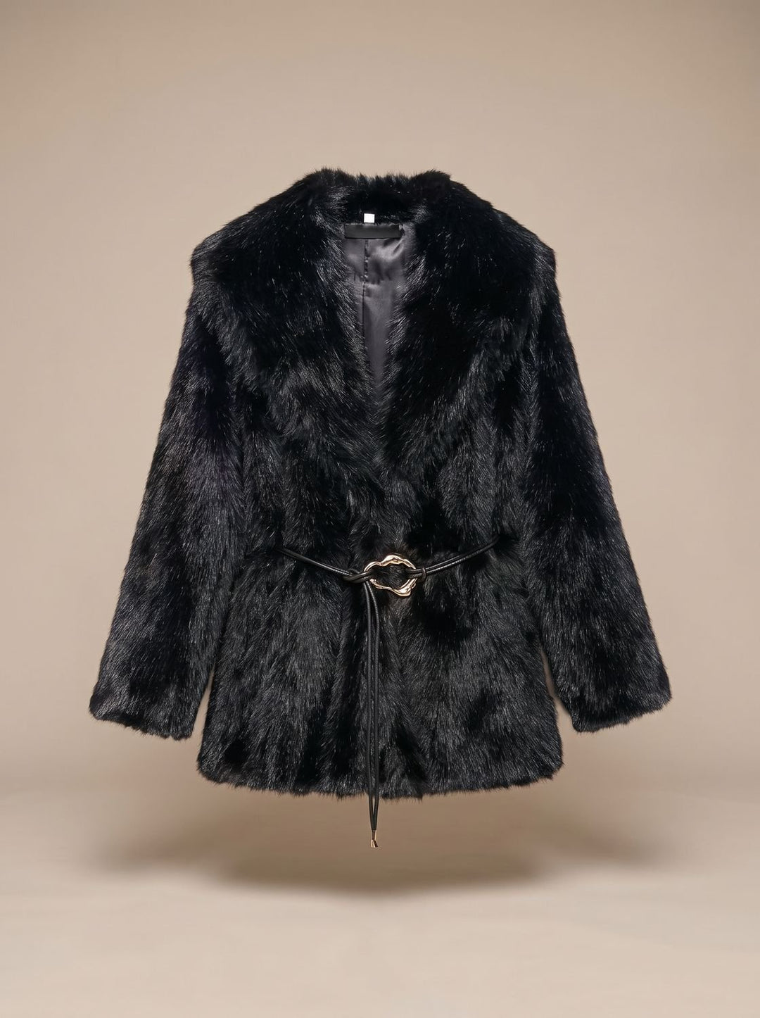 Damen Kunstfellmantel Gürtel Midi Jacke Teddy Coat - Schwarz