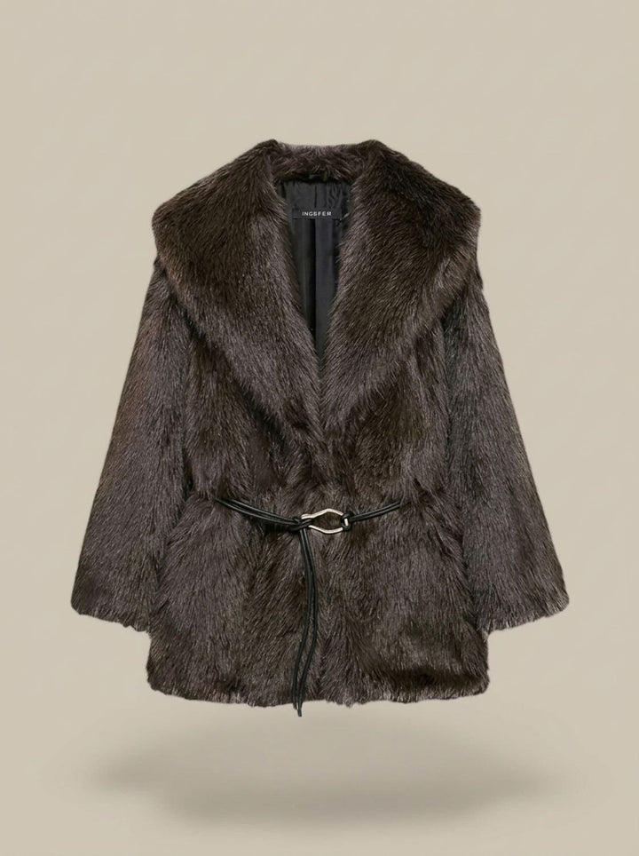 Damen Kunstfellmantel Gürtel Midi Jacke Teddy Coat - Dunkelbraun