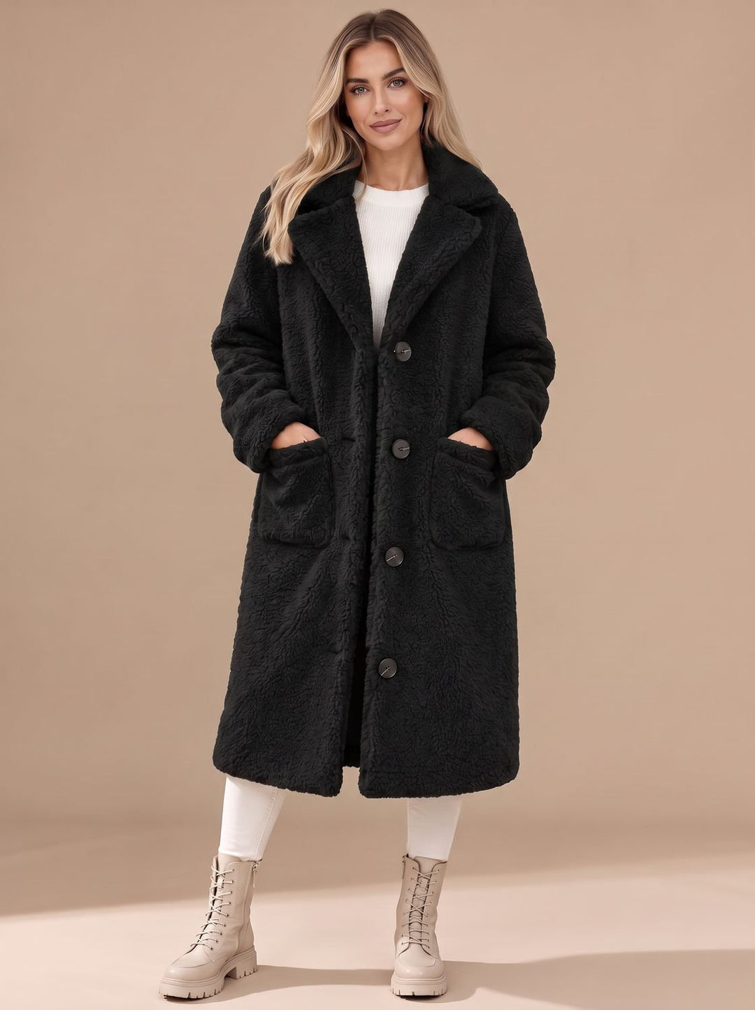 Damen Kunstfellmantel Langer Teddy-Mantel Reverskragen Knopfleiste - Schwarz