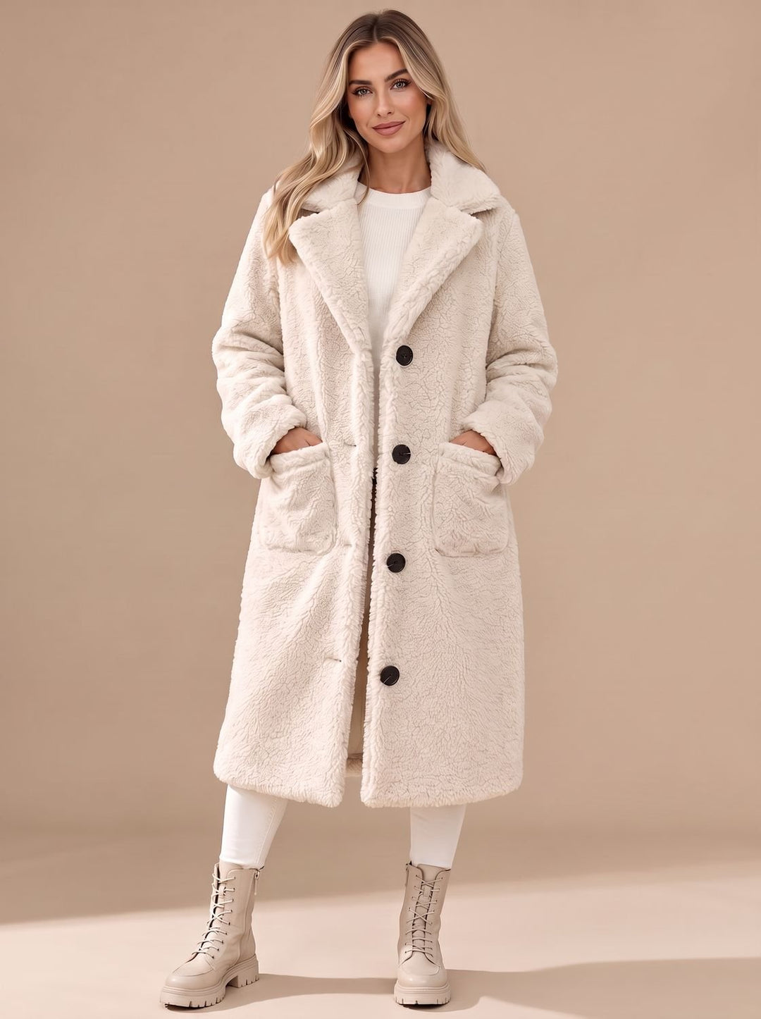 Damen Kunstfellmantel Langer Teddy-Mantel Reverskragen Knopfleiste - Khaki