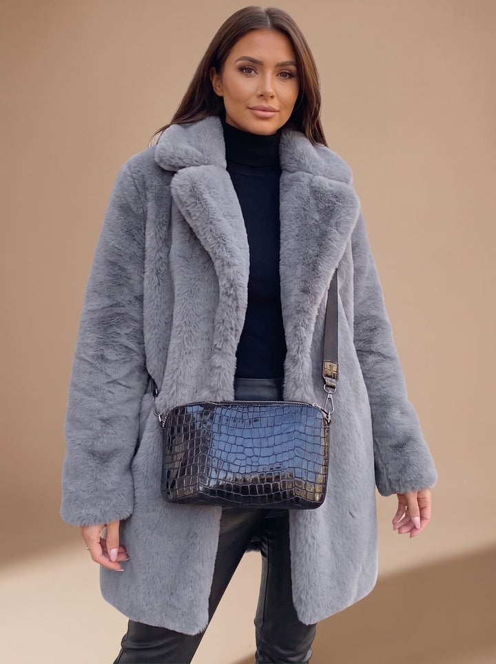 Damen Kunstfellmantel Langer Teddyjacke Offene Front - Grau