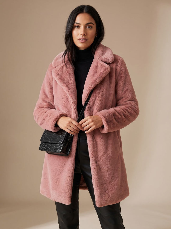 Damen Kunstfellmantel Langer Teddyjacke Offene Front - Rosa