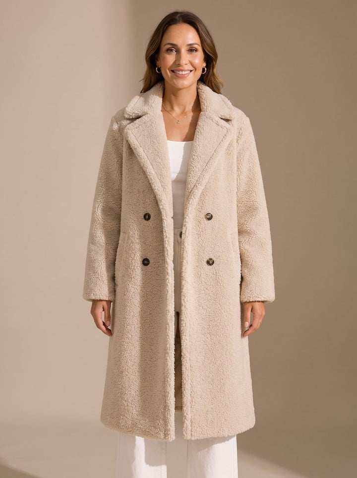 Damen Kunstfellmantel Langer Zweireihiger Teddy Coat Beige - Beige
