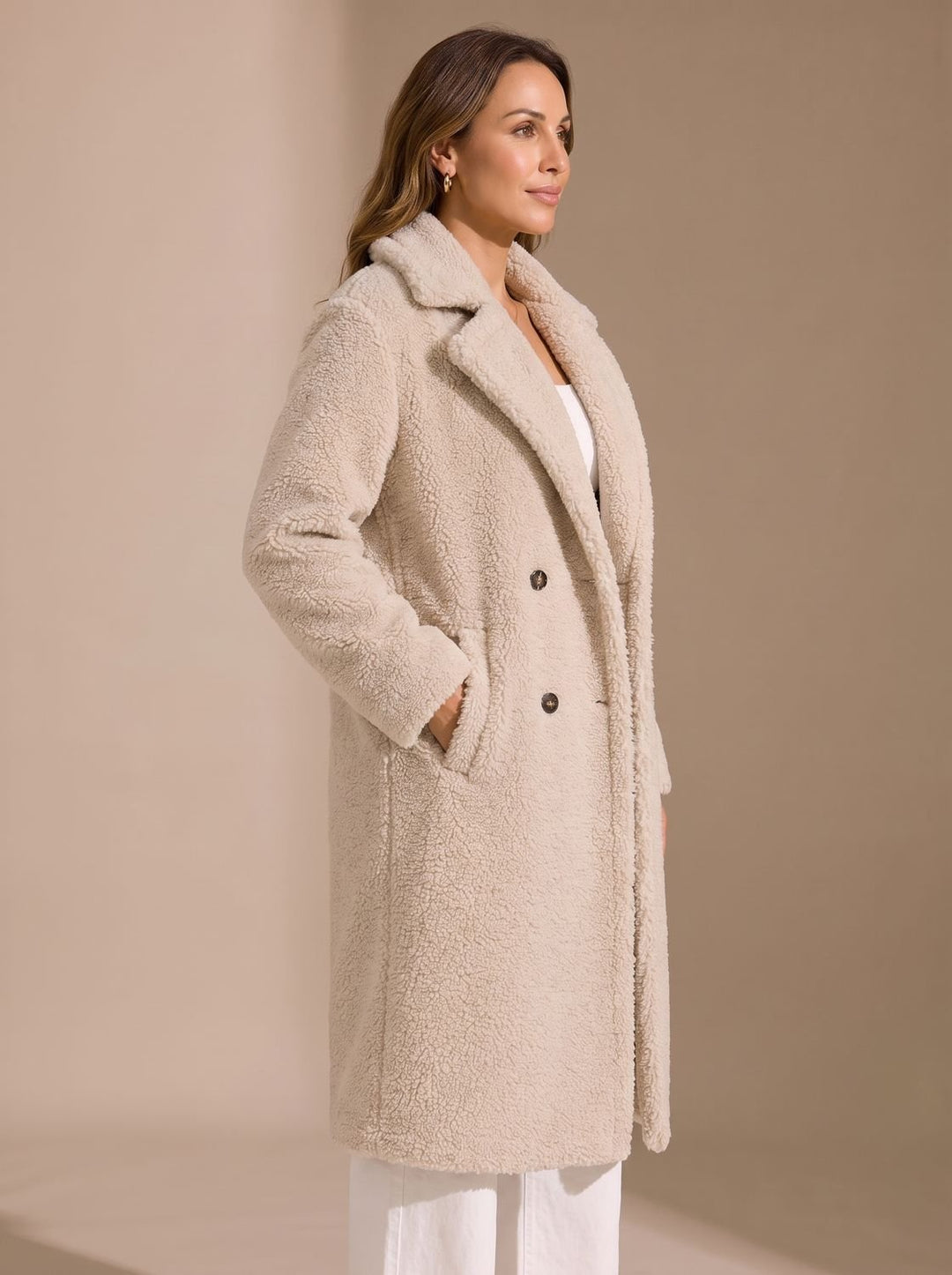 Damen Kunstfellmantel Langer Zweireihiger Teddy Coat Beige