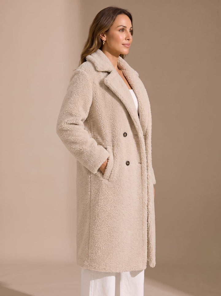 Damen Kunstfellmantel Langer Zweireihiger Teddy Coat Beige