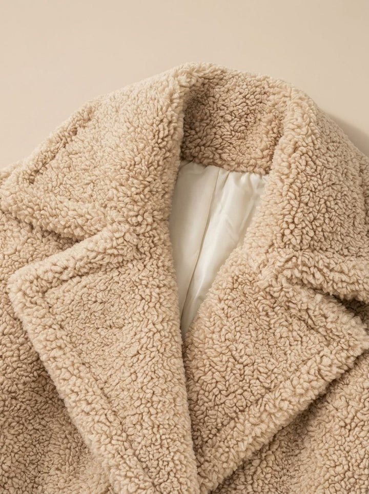 Damen Kunstfellmantel Langer Zweireihiger Teddy Coat Beige