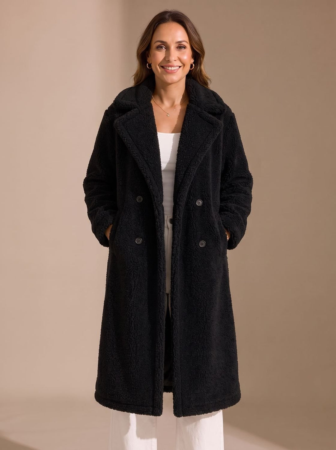 Damen Kunstfellmantel Langer Zweireihiger Teddy Coat Beige - Schwarz