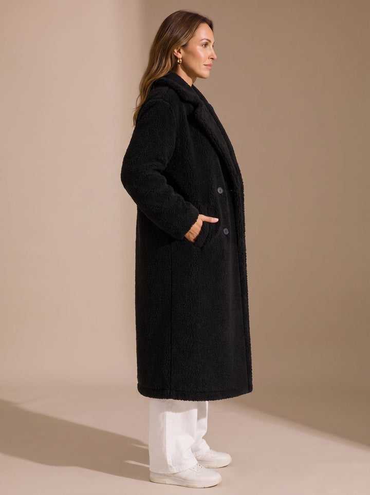 Damen Kunstfellmantel Langer Zweireihiger Teddy Coat Beige