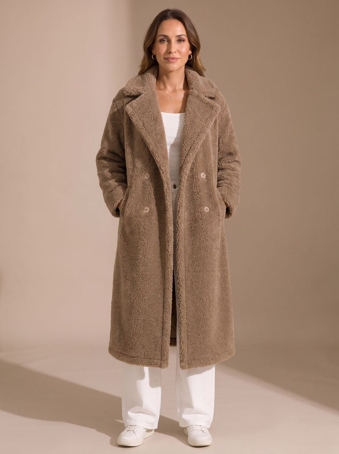 Damen Kunstfellmantel Langer Zweireihiger Teddy Coat Beige - Braun