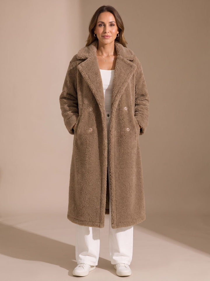 Damen Kunstfellmantel Langer Zweireihiger Teddy Coat Beige - Braun