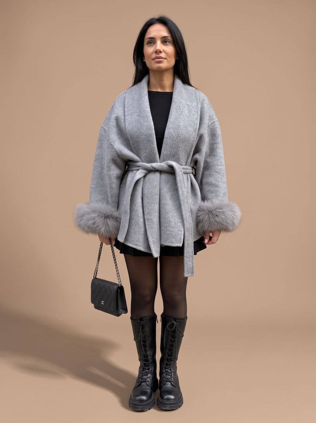 Damen Kunstfellmantel mit Gürtel und Plüschärmeln - Grau