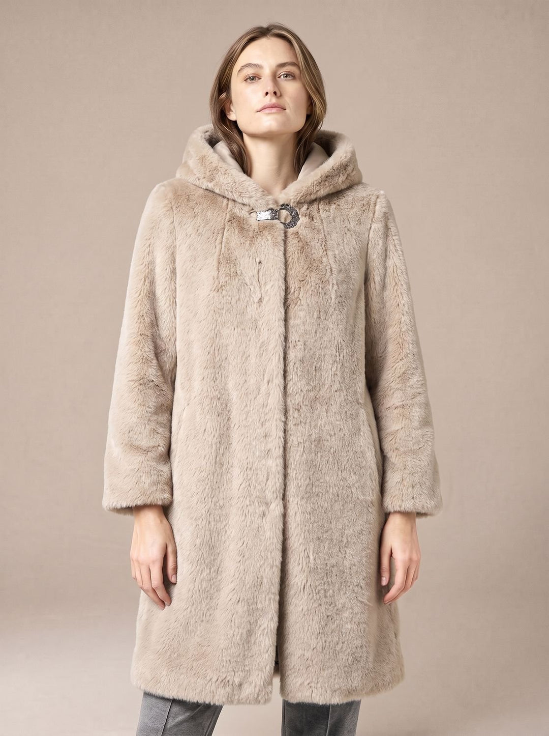 Damen Kunstfellmantel mit Kapuze Langarm Taschen Knopfleiste - Khaki