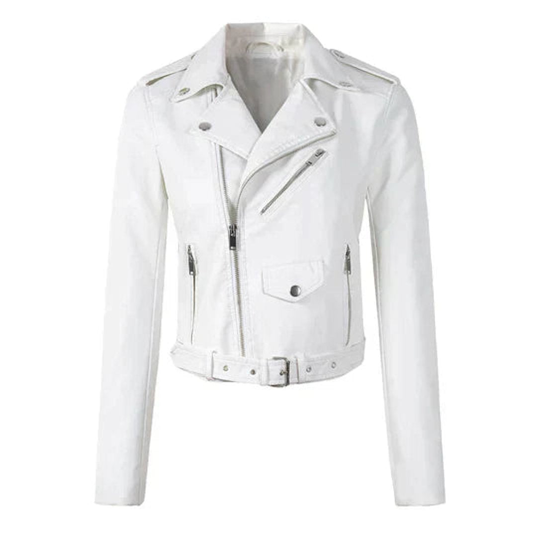 Damen Kunstleder Bikerjacke Kurzjacke mit Reißverschluss - Weiß