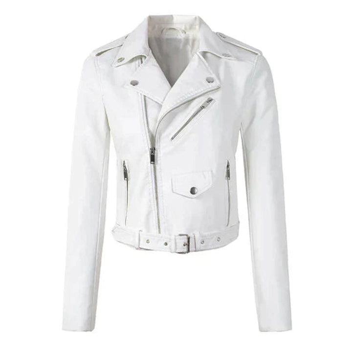 Damen Kunstleder Bikerjacke Kurzjacke mit Reißverschluss - Weiß