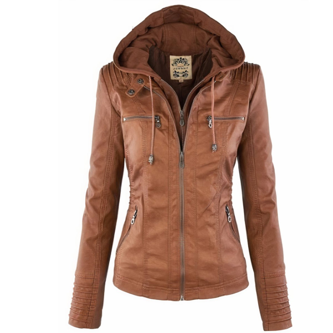 Damen Kunstleder Bikerjacke mit Abnehmbarer Kapuze Reißverschluss - Braun