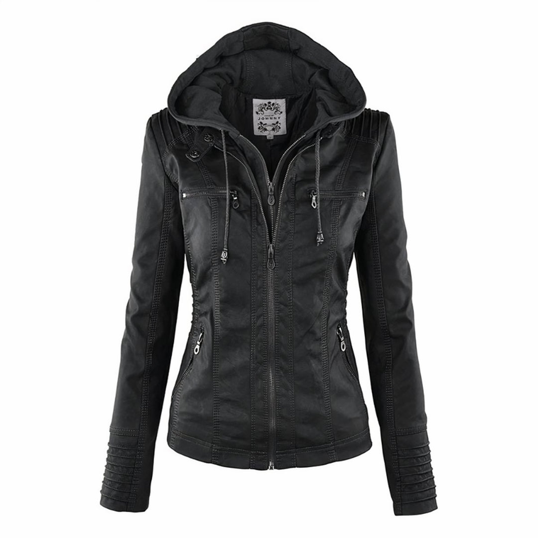 Damen Kunstleder Bikerjacke mit Abnehmbarer Kapuze Reißverschluss - Schwarz