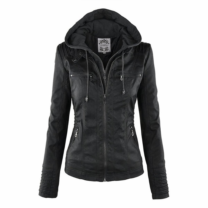 Damen Kunstleder Bikerjacke mit Abnehmbarer Kapuze Reißverschluss - Schwarz