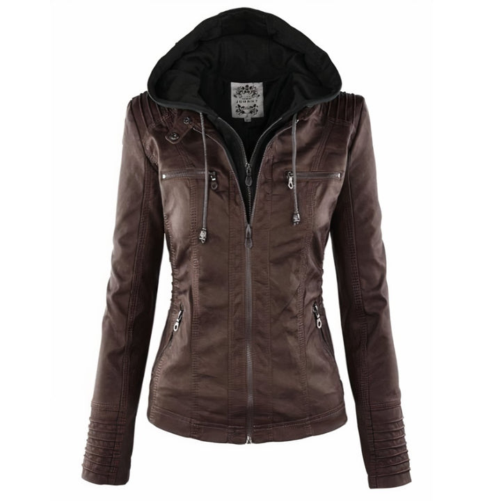 Damen Kunstleder Bikerjacke mit Abnehmbarer Kapuze Reißverschluss - Dunkelbraun