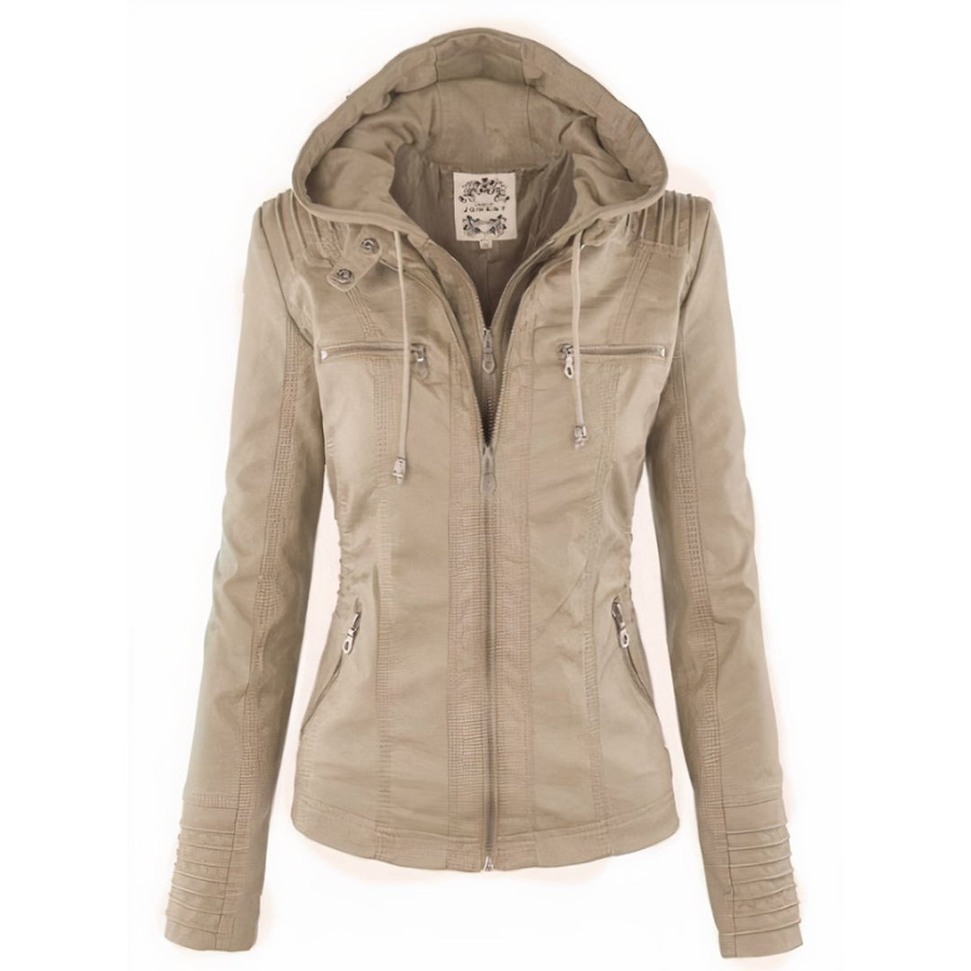 Damen Kunstleder Bikerjacke mit Abnehmbarer Kapuze Reißverschluss - Beige