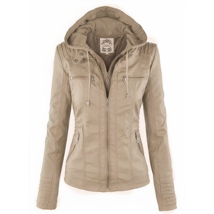 Damen Kunstleder Bikerjacke mit Abnehmbarer Kapuze Reißverschluss - Beige