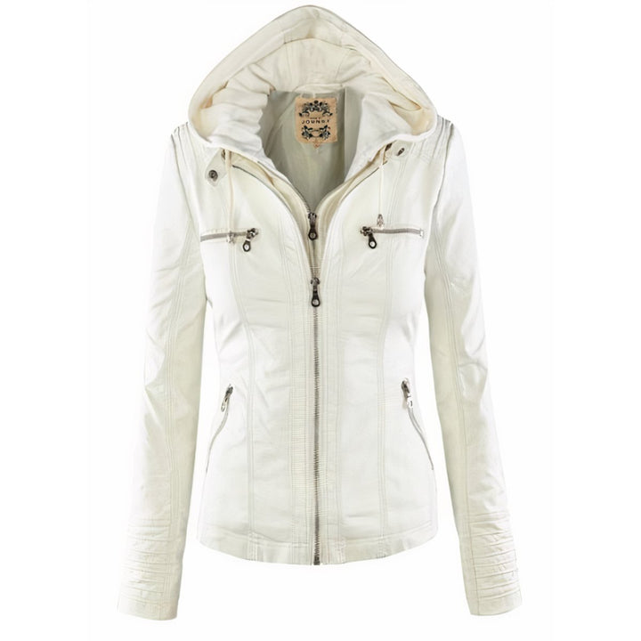 Damen Kunstleder Bikerjacke mit Abnehmbarer Kapuze Reißverschluss - Weiß