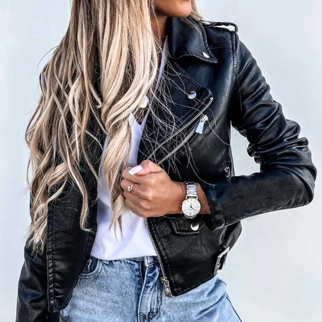 Damen Kunstleder-Bikerjacke mit diagonalem Reißverschluss taillenlang - Schwarz