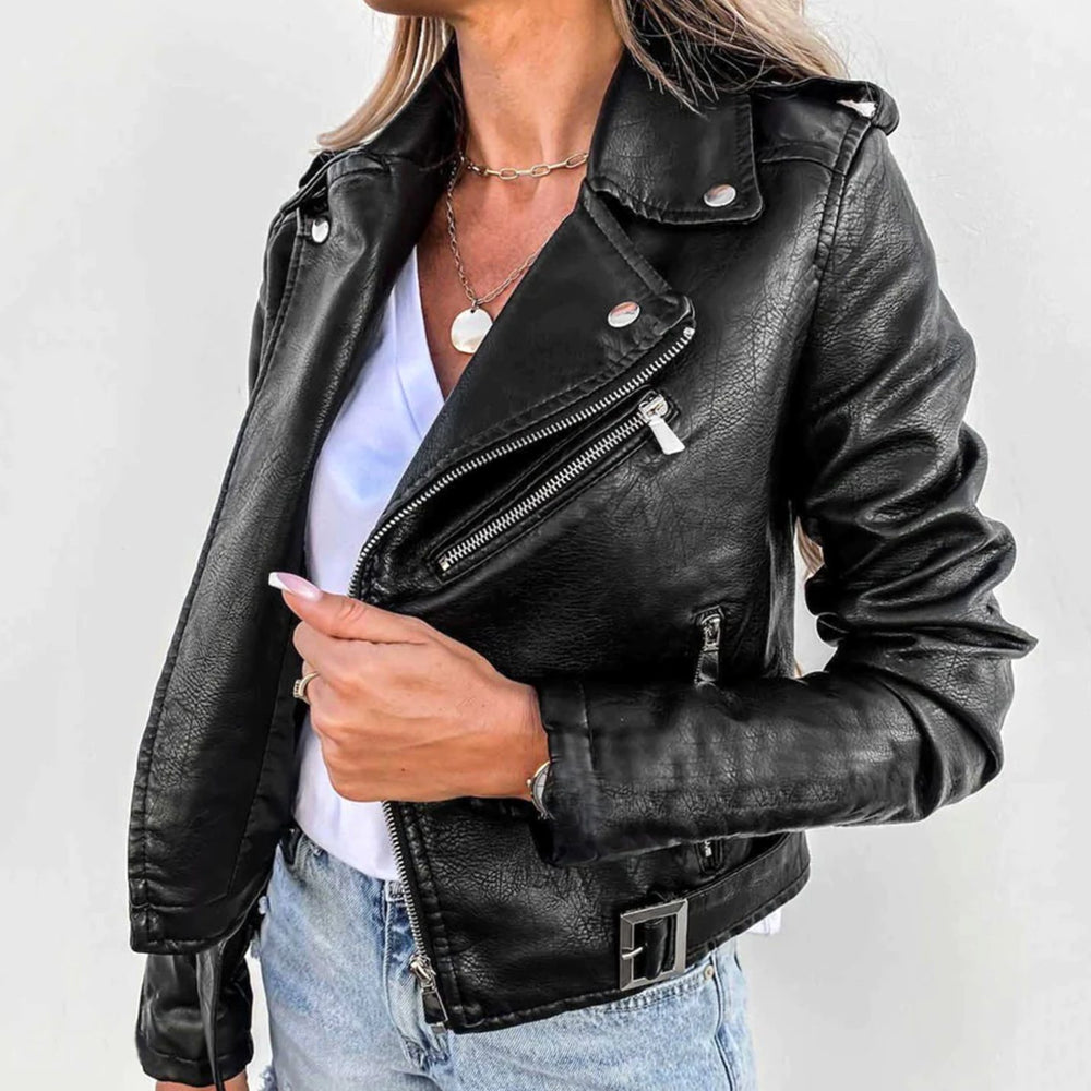 Damen Kunstleder-Bikerjacke mit diagonalem Reißverschluss taillenlang