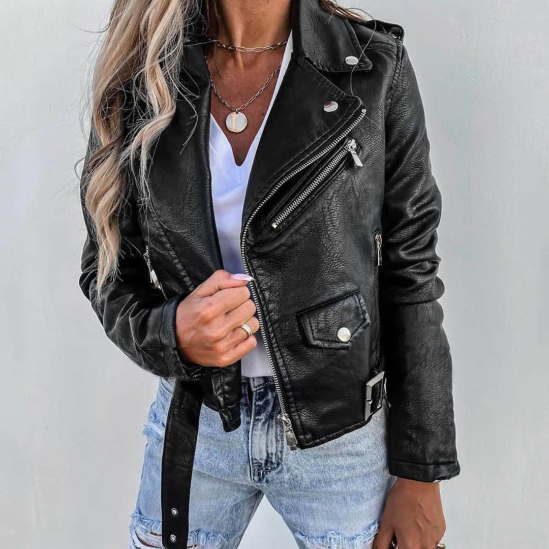 Damen Kunstleder-Bikerjacke mit diagonalem Reißverschluss taillenlang