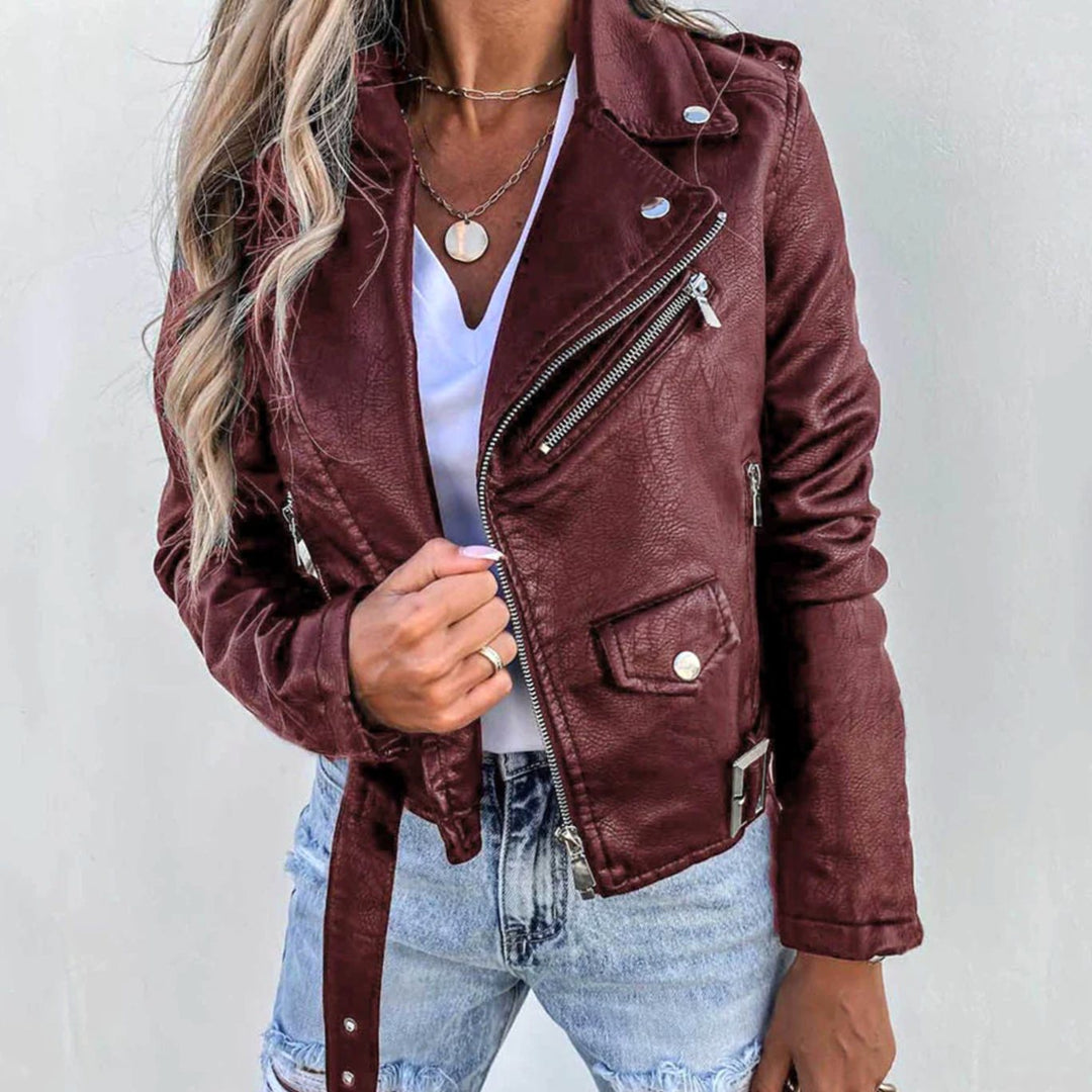Damen Kunstleder-Bikerjacke mit diagonalem Reißverschluss taillenlang - Rot