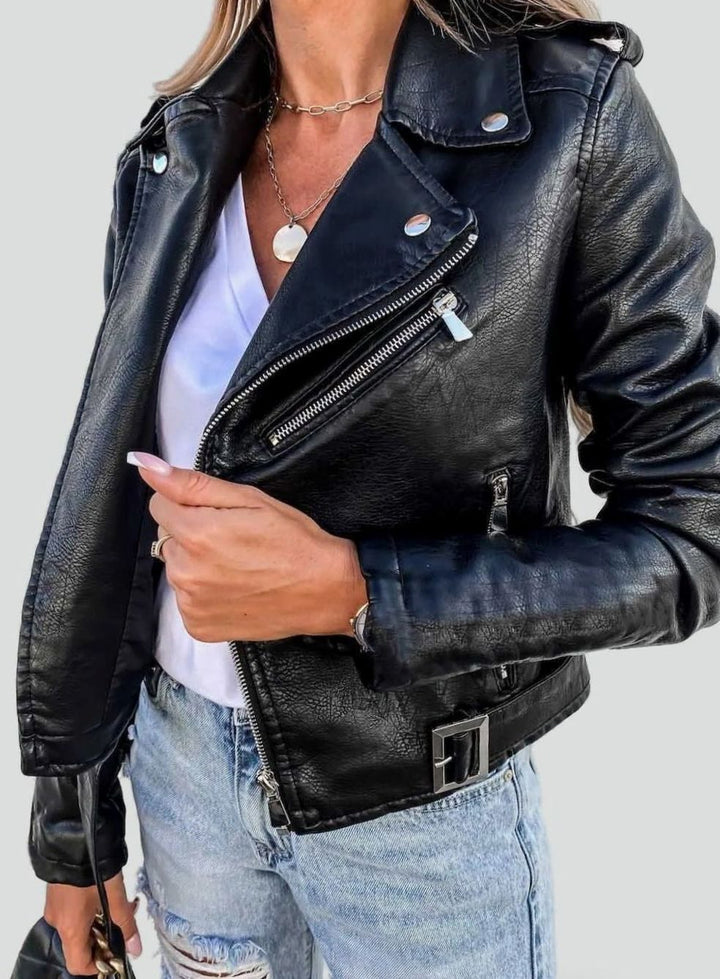 Damen Kunstleder-Bikerjacke mit Schrägzipper und Gürtel