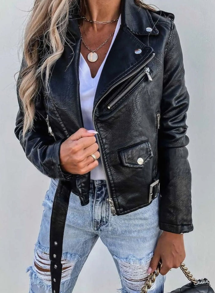 Damen Kunstleder-Bikerjacke mit Schrägzipper und Gürtel - Schwarz