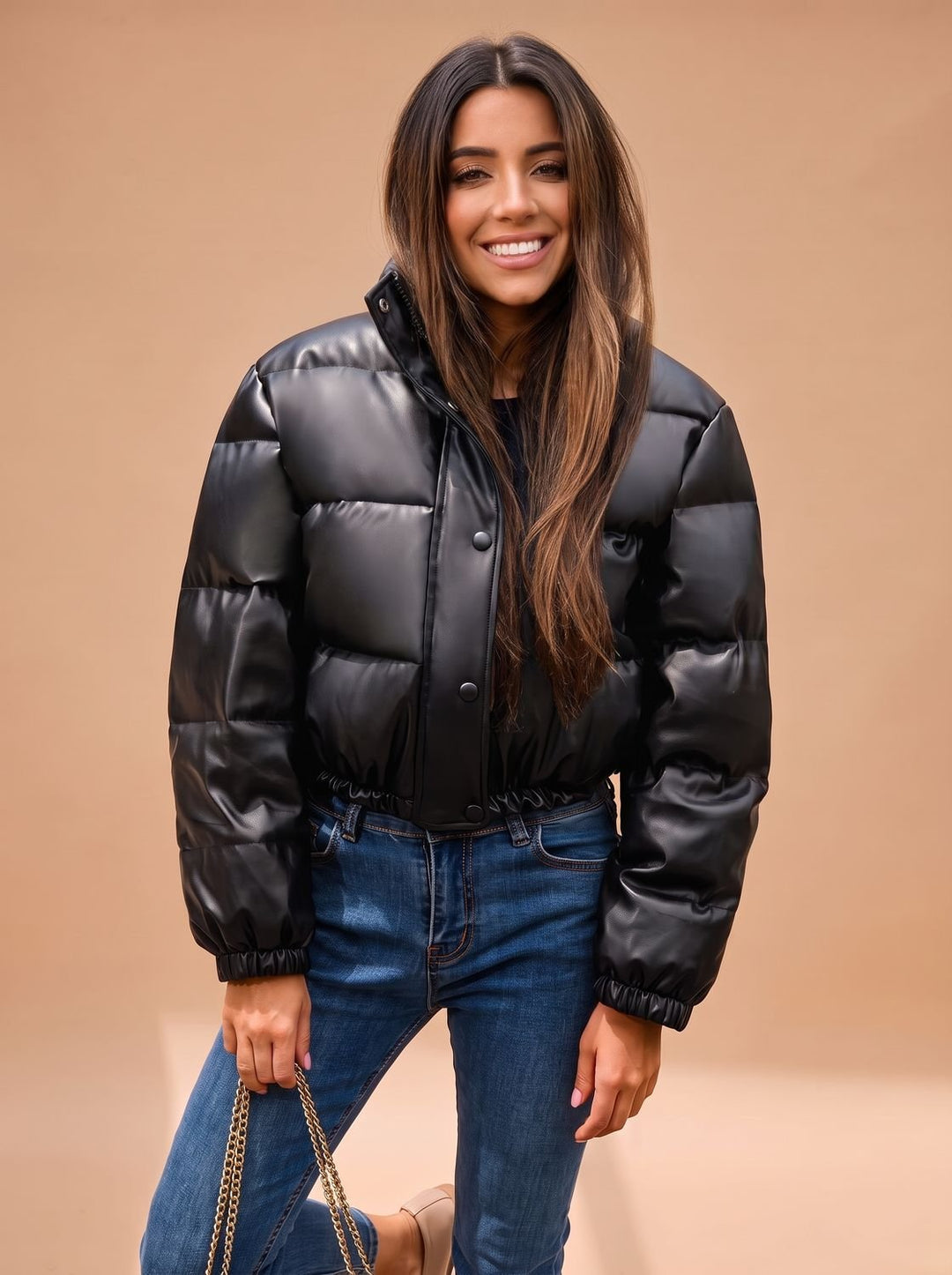 Damen Kunstleder Daunenjacke Kapuze Reißverschluss Winterjacke - Schwarz