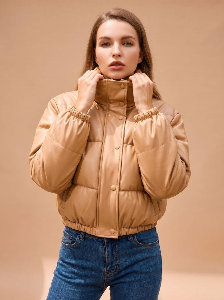 Damen Kunstleder Daunenjacke Kapuze Reißverschluss Winterjacke
