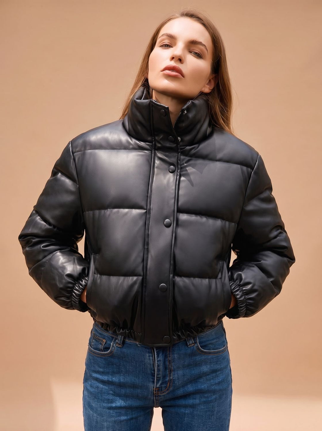 Damen Kunstleder Daunenjacke Kapuze Reißverschluss Winterjacke