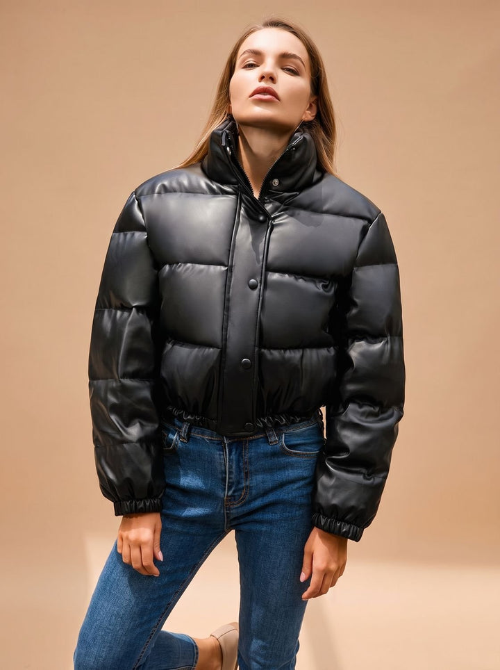 Damen Kunstleder Daunenjacke Kapuze Reißverschluss Winterjacke