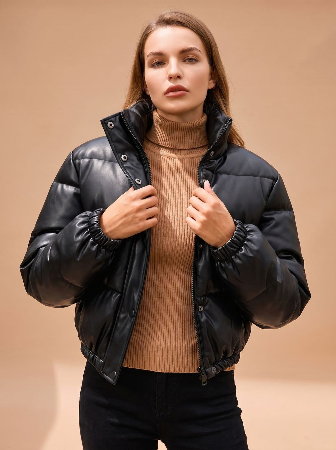 Damen Kunstleder Daunenjacke Kapuze Reißverschluss Winterjacke