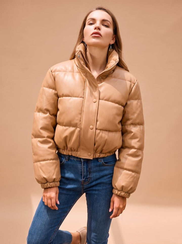 Damen Kunstleder Daunenjacke Kapuze Reißverschluss Winterjacke - Khaki