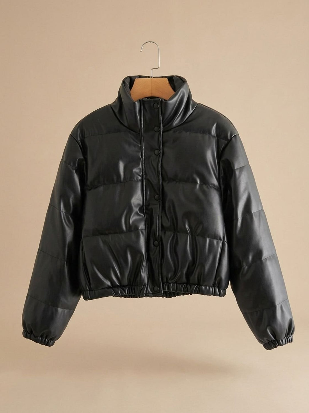 Damen Kunstleder Daunenjacke Kapuze Reißverschluss Winterjacke