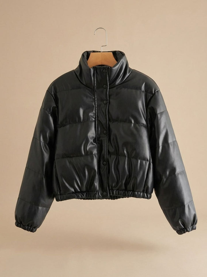 Damen Kunstleder Daunenjacke Kapuze Reißverschluss Winterjacke