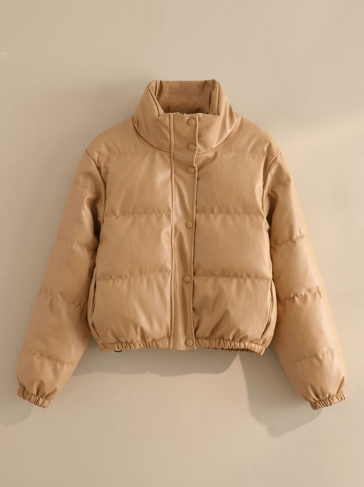 Damen Kunstleder Daunenjacke Kapuze Reißverschluss Winterjacke