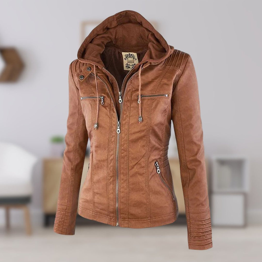 Damen Kunstleder Kapuzenjacke mit Reißverschluss Taillierter Women Coat - Khaki