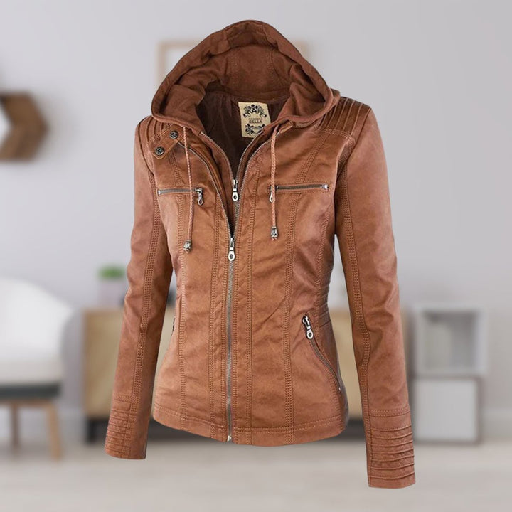 Damen Kunstleder Kapuzenjacke mit Reißverschluss Taillierter Women Coat - Khaki