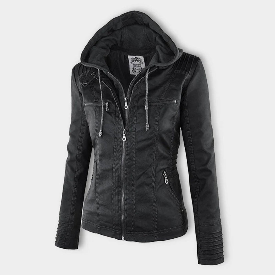 Damen Kunstleder Kapuzenjacke mit Reißverschluss Taillierter Women Coat