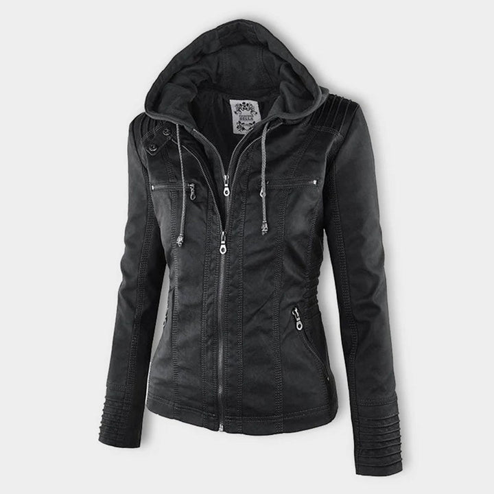 Damen Kunstleder Kapuzenjacke mit Reißverschluss Taillierter Women Coat
