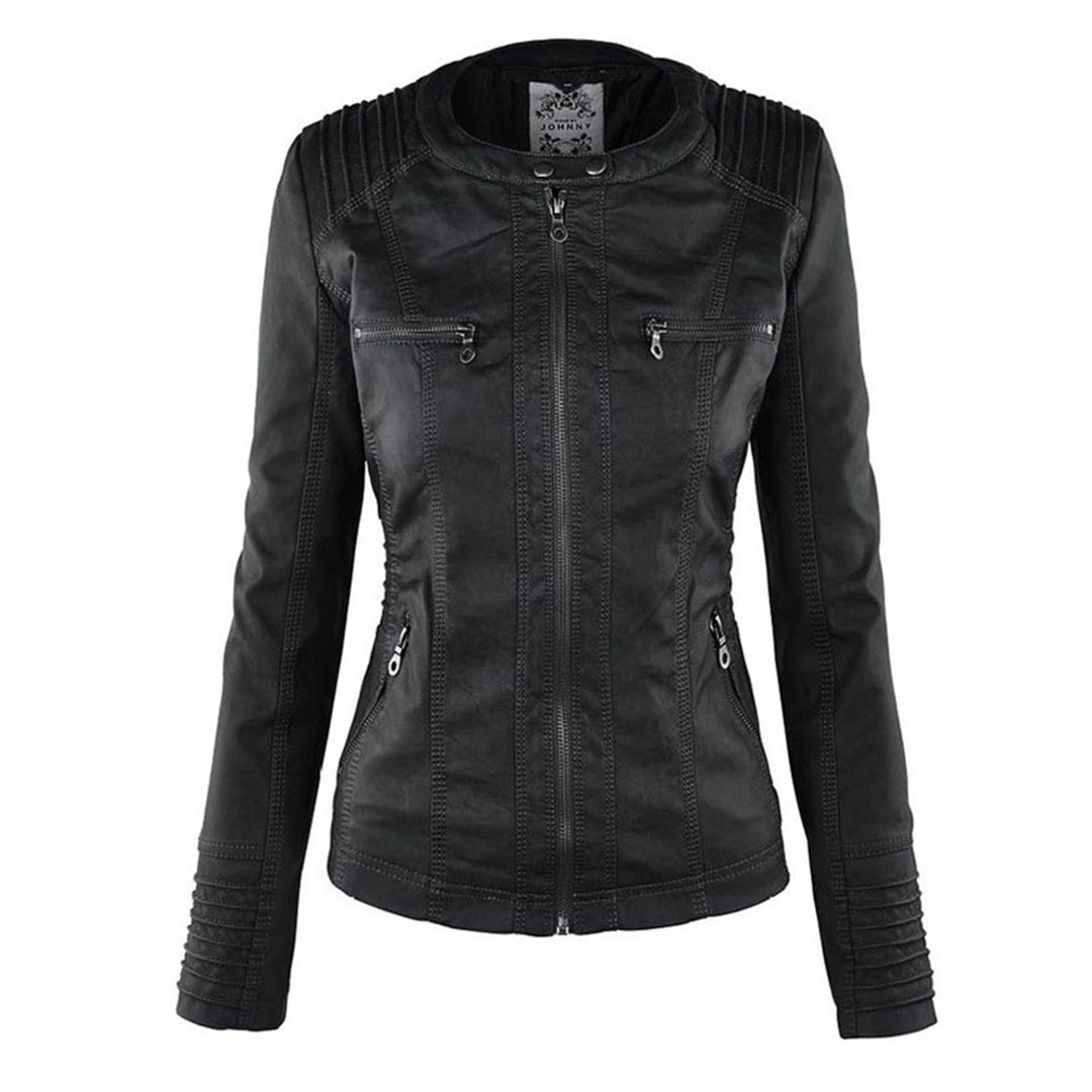 Damen Kunstleder Kapuzenjacke mit Reißverschluss Taillierter Women Coat