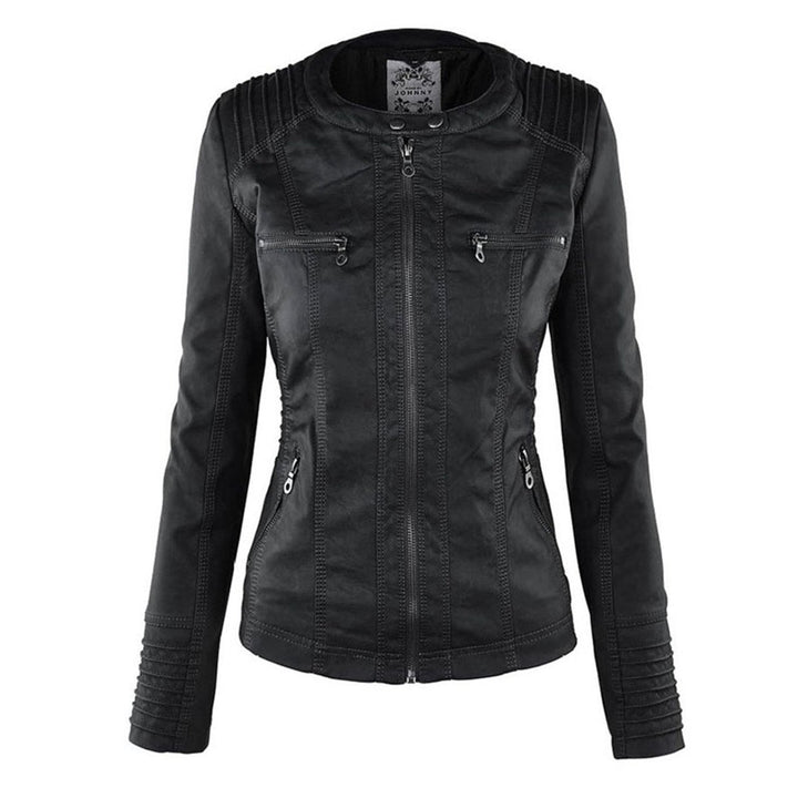 Damen Kunstleder Kapuzenjacke mit Reißverschluss Taillierter Women Coat