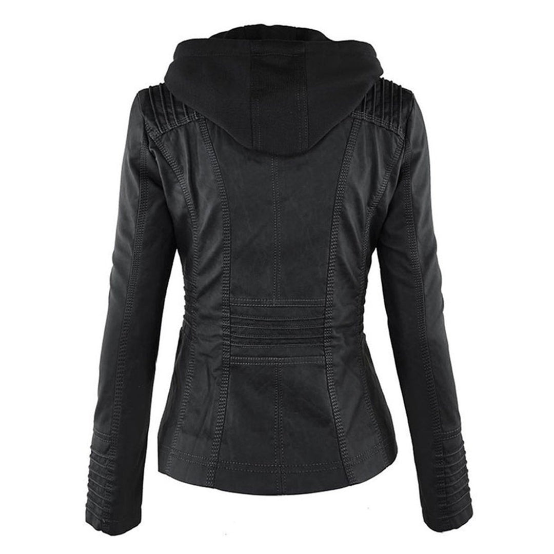 Damen Kunstleder Kapuzenjacke mit Reißverschluss Taillierter Women Coat